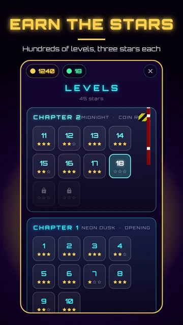 Neon Brink level map: chapters of ten levels with three stars each